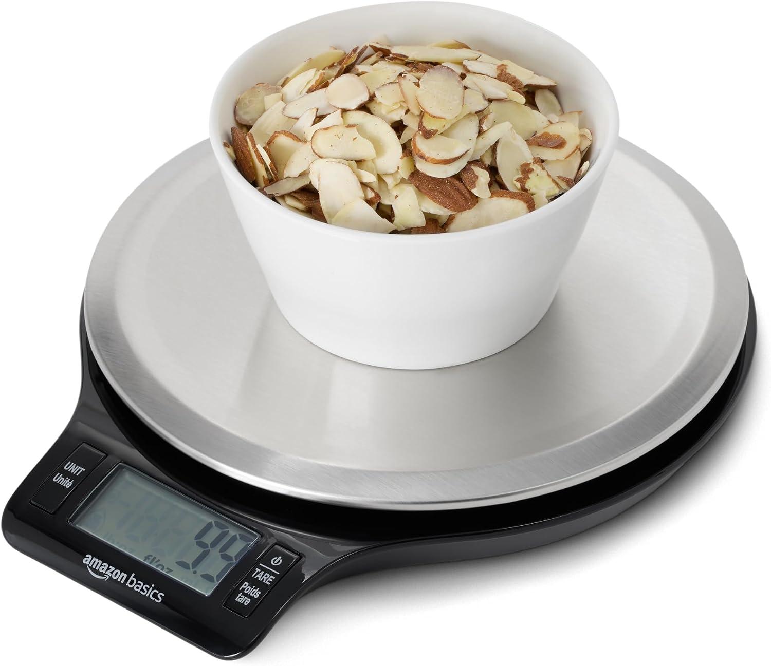 Amazon Basics Digital Kitchen Scale with LCD Display, Tare Function, Multiple Units, Weighs up to 11 Pounds, Batteries Included, Black and Stainless Steel image 9