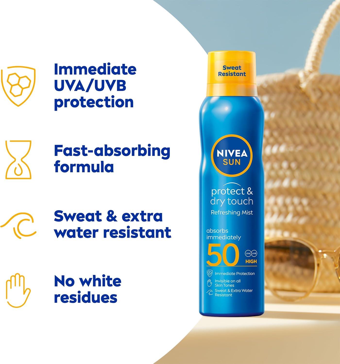 NIVEA SUN Protect & Dry Touch Refreshing Sun Mist Spray SPF50 (200ml), Water-Resistant Sun Spray, Immediate Protection Against UVA/UVB Rays, Sunburns and Premature Ageing (Packing May Vary) image 9