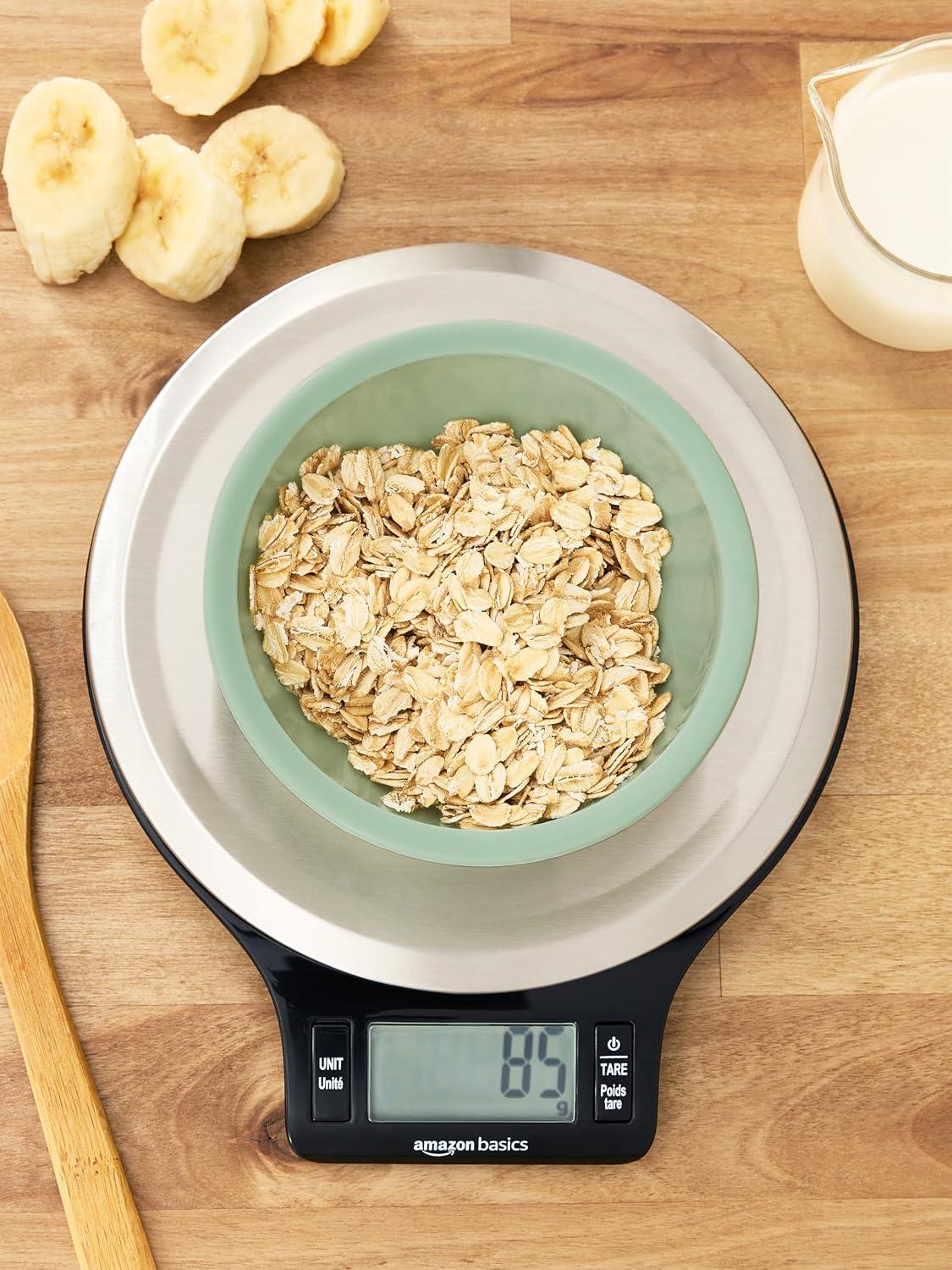 Amazon Basics Digital Kitchen Scale with LCD Display, Tare Function, Multiple Units, Weighs up to 11 Pounds, Batteries Included, Black and Stainless Steel image 10