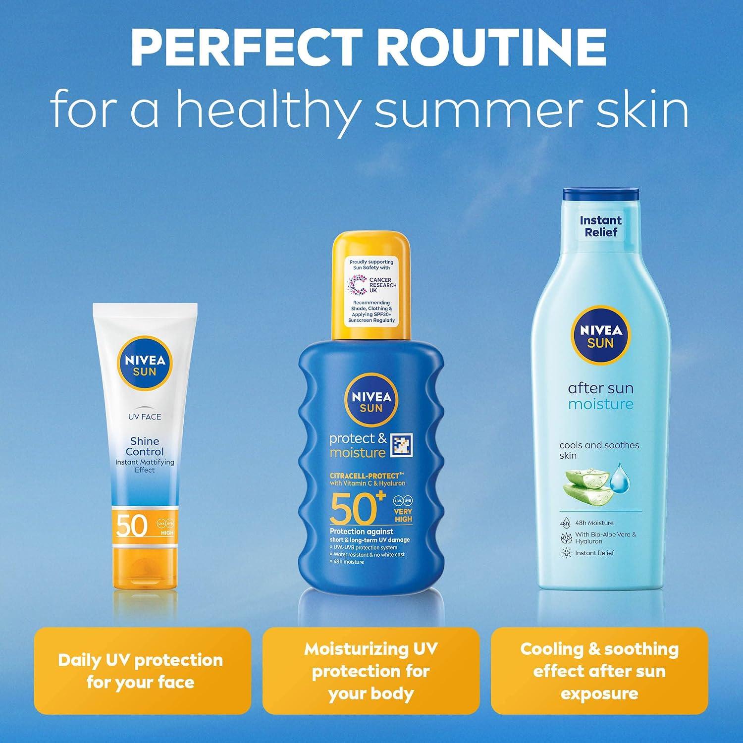 NIVEA SUN Protect & Moisture Sun Spray SPF 50+ (200ml), Moisturising Suncream Spray with Vitamin C and Hyaluron, Immediate UVA/UVB Protection, Fast-Absorbing No White Cast Formula image 17