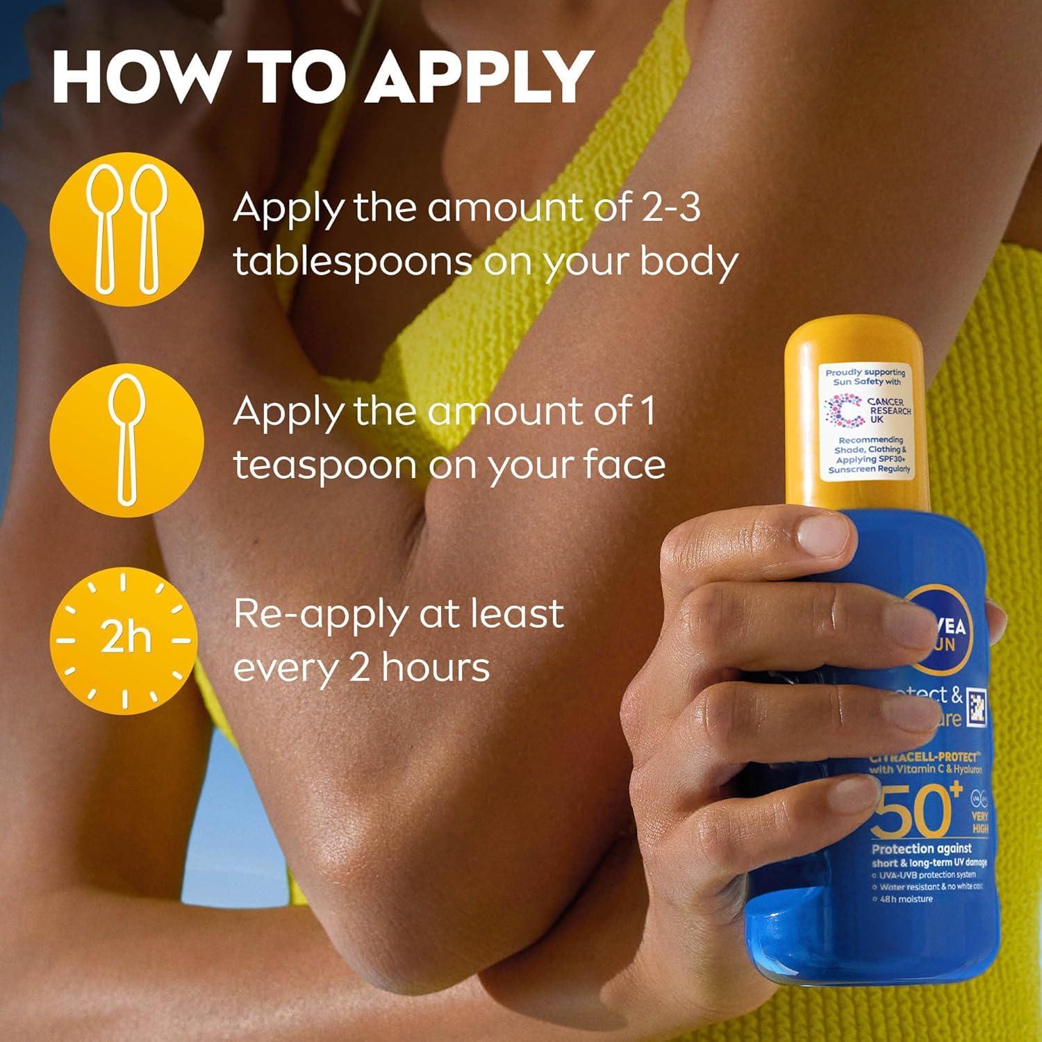 NIVEA SUN Protect & Moisture Sun Spray SPF 50+ (200ml), Moisturising Suncream Spray with Vitamin C and Hyaluron, Immediate UVA/UVB Protection, Fast-Absorbing No White Cast Formula image 15