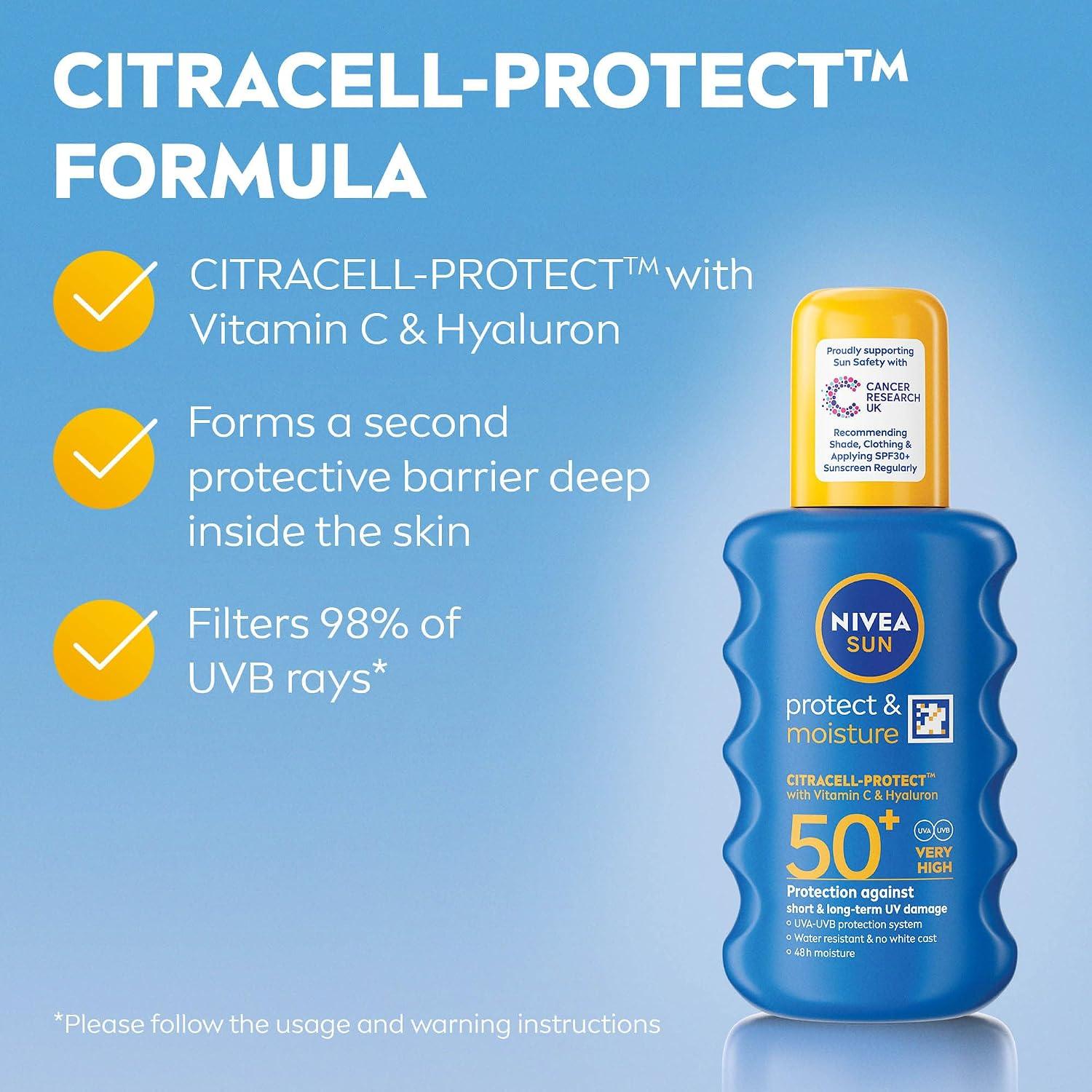 NIVEA SUN Protect & Moisture Sun Spray SPF 50+ (200ml), Moisturising Suncream Spray with Vitamin C and Hyaluron, Immediate UVA/UVB Protection, Fast-Absorbing No White Cast Formula image 13
