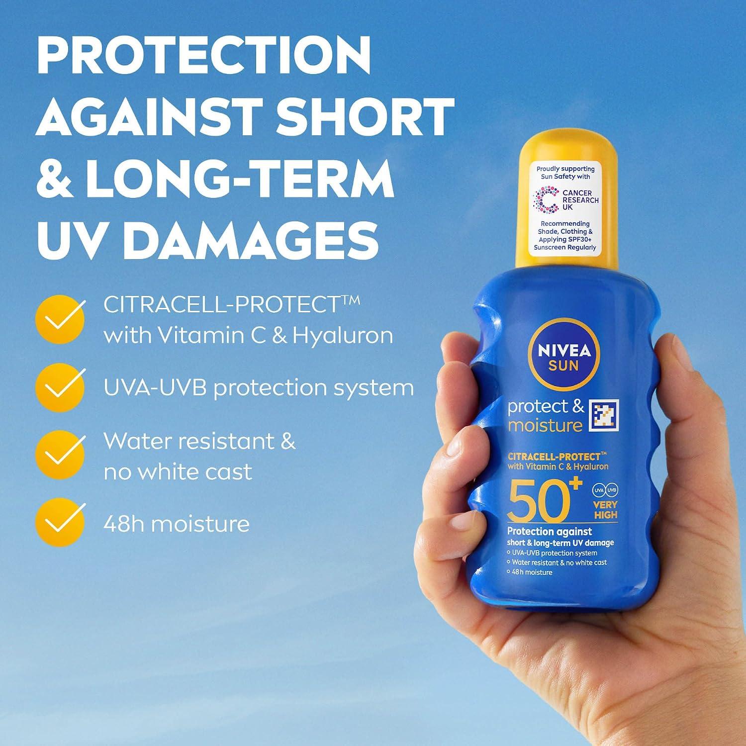 NIVEA SUN Protect & Moisture Sun Spray SPF 50+ (200ml), Moisturising Suncream Spray with Vitamin C and Hyaluron, Immediate UVA/UVB Protection, Fast-Absorbing No White Cast Formula image 12