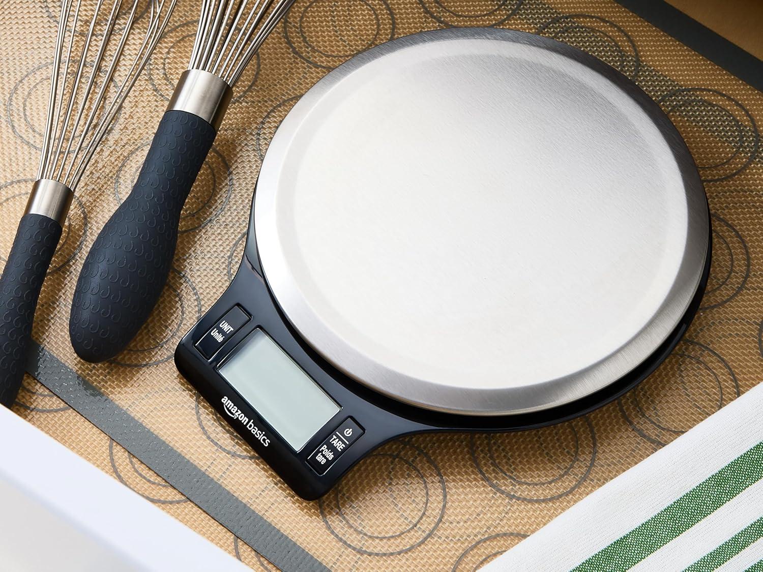 Amazon Basics Digital Kitchen Scale with LCD Display, Tare Function, Multiple Units, Weighs up to 11 Pounds, Batteries Included, Black and Stainless Steel image 11