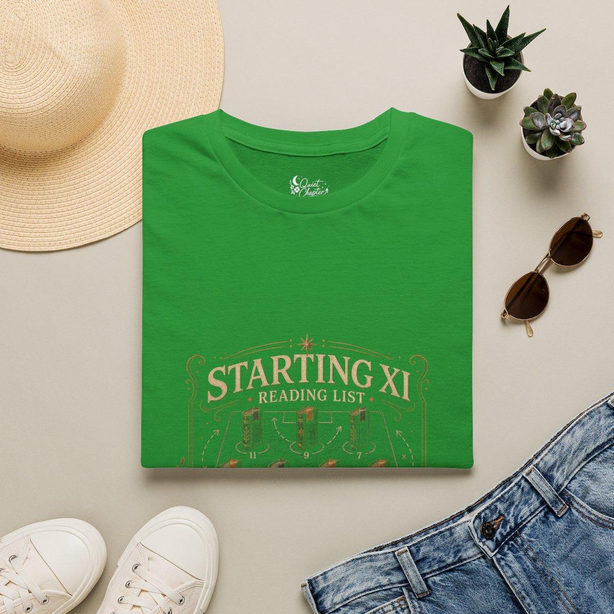 Starting XI Reading List Shirt, Book Lover Football T-Shirt, Reader Lineup Tee, Quiet Chapter Apparel - Irish Green