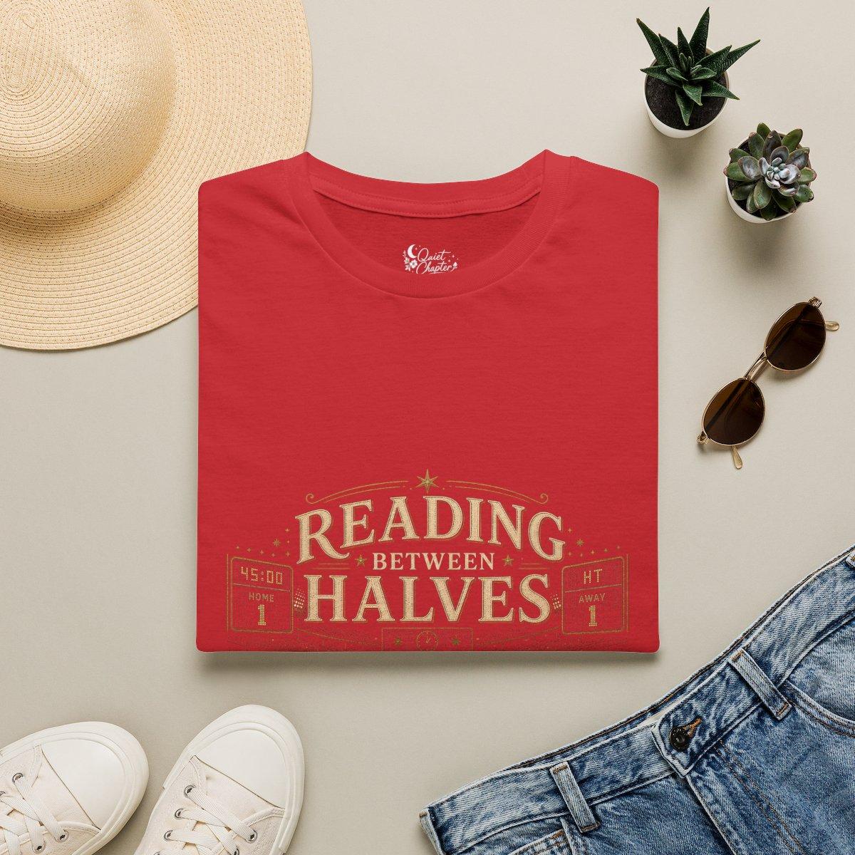 Reading Between Halves Shirt, Book Lover Football T-Shirt, Halftime Reader Tee, Quiet Chapter Apparel - Red