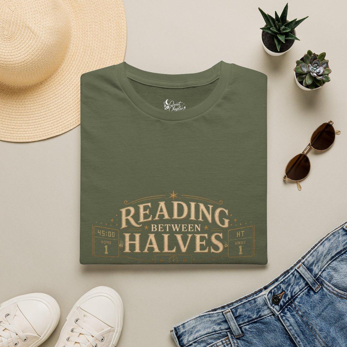Reading Between Halves Shirt, Book Lover Football T-Shirt, Halftime Reader Tee, Quiet Chapter Apparel - Military Green