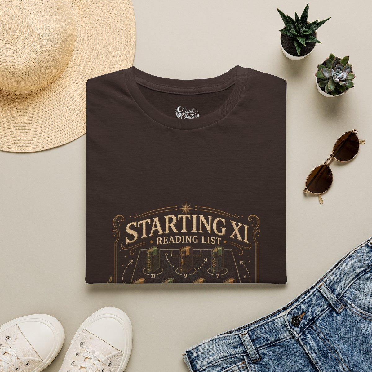 Starting XI Reading List Shirt, Book Lover Football T-Shirt, Reader Lineup Tee, Quiet Chapter Apparel - Dark Chocolate