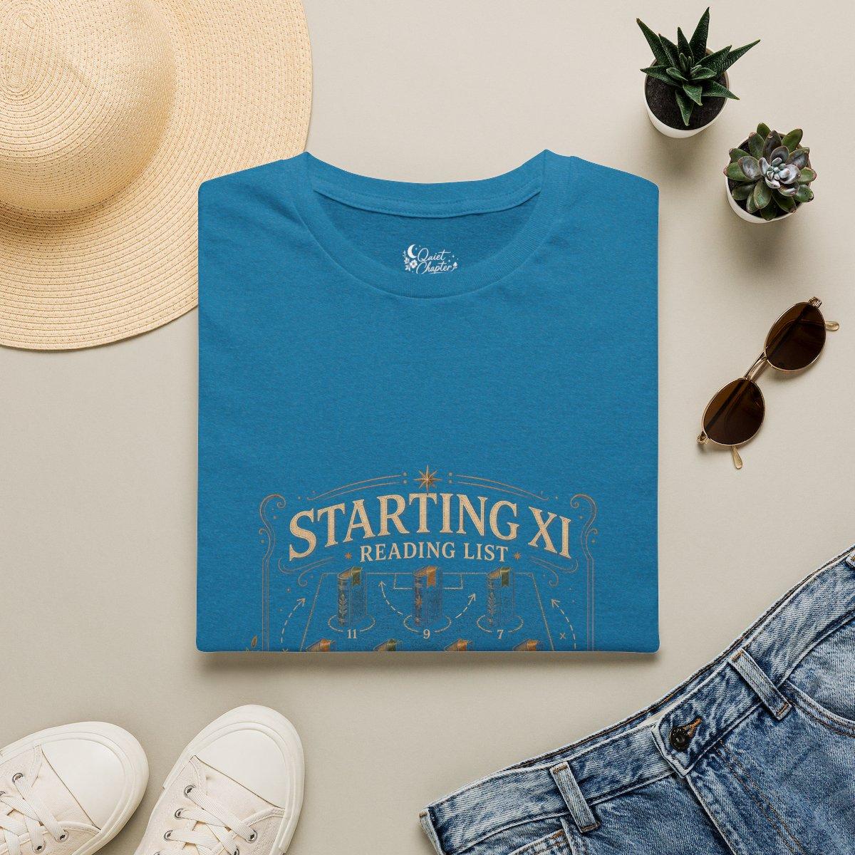Starting XI Reading List Shirt, Book Lover Football T-Shirt, Reader Lineup Tee, Quiet Chapter Apparel - Antique Sapphire