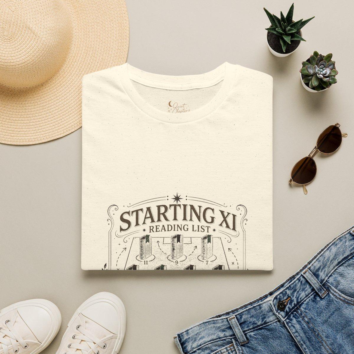 Starting XI Reading List Shirt, Book Lover Football T-Shirt, Reader Lineup Tee, Quiet Chapter Apparel - Natural