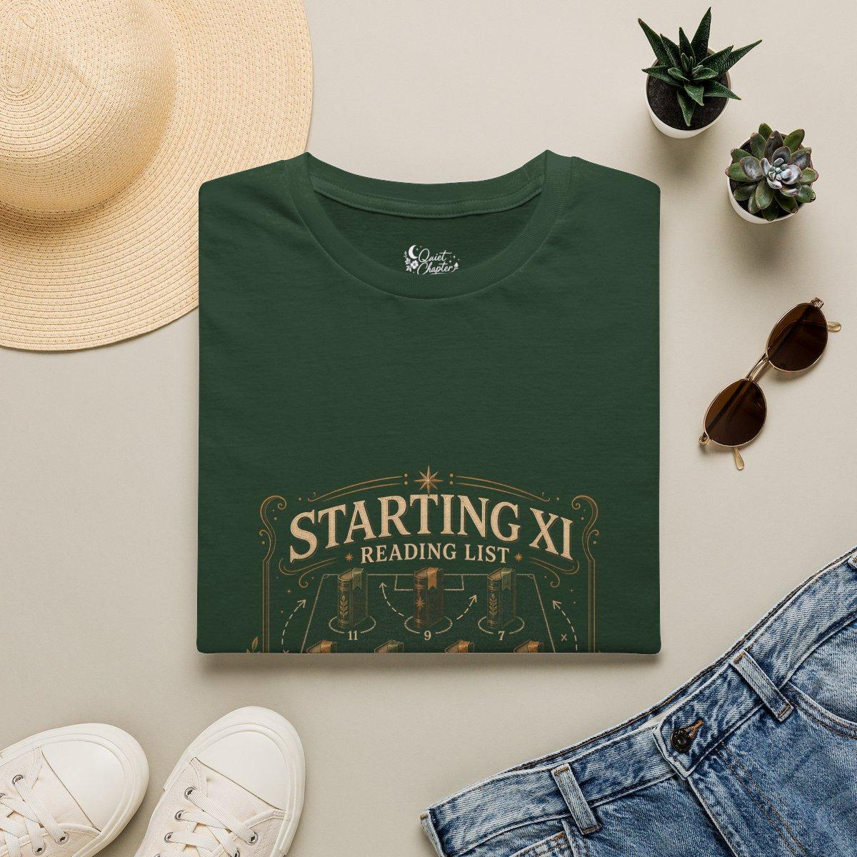 Starting XI Reading List Shirt, Book Lover Football T-Shirt, Reader Lineup Tee, Quiet Chapter Apparel - Forest Green