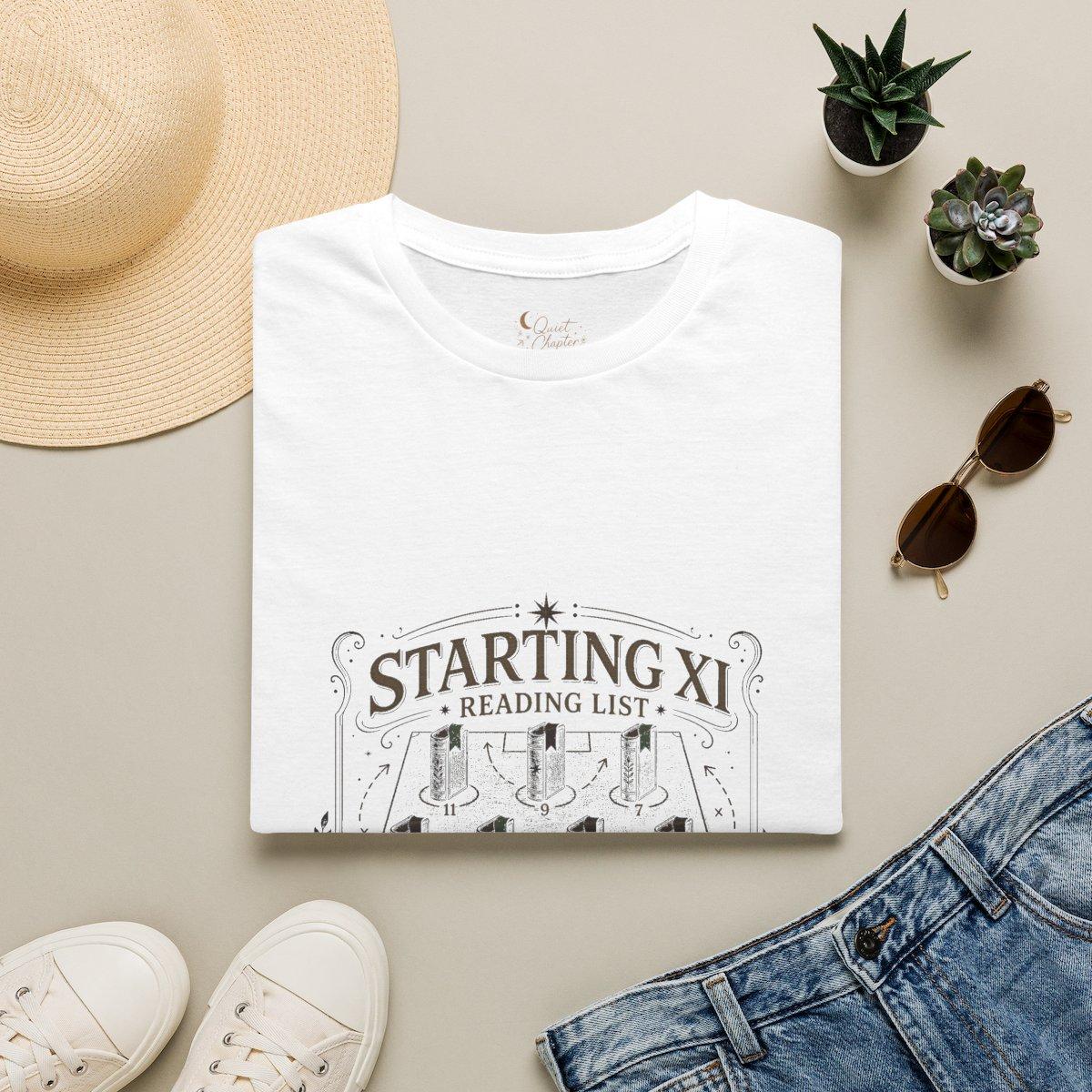Starting XI Reading List Shirt, Book Lover Football T-Shirt, Reader Lineup Tee, Quiet Chapter Apparel - White