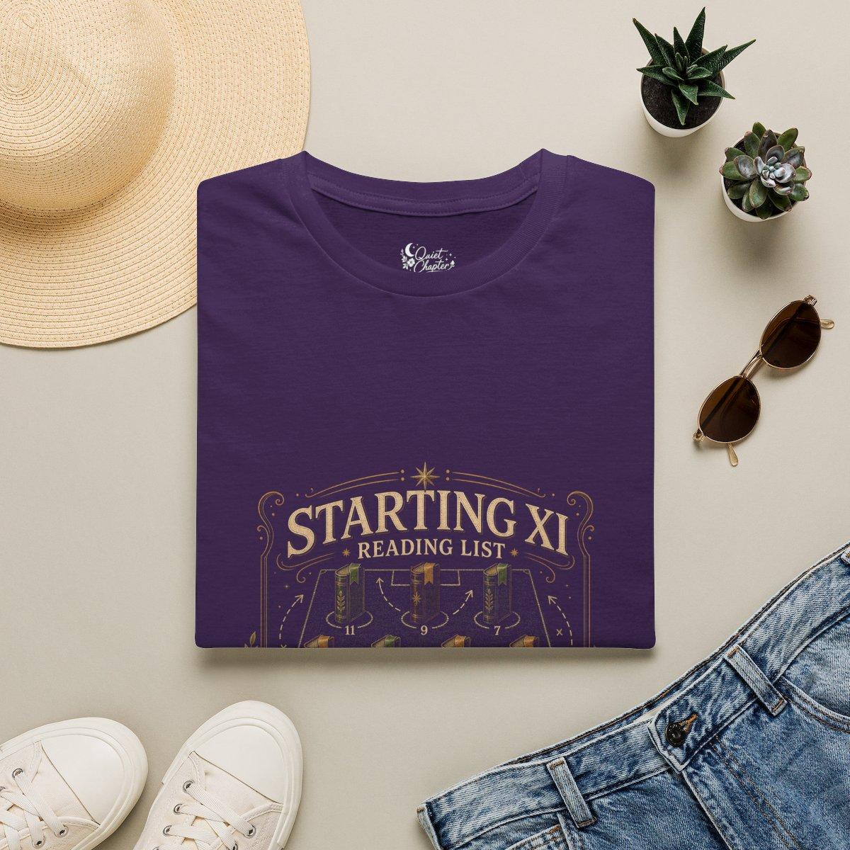 Starting XI Reading List Shirt, Book Lover Football T-Shirt, Reader Lineup Tee, Quiet Chapter Apparel - Purple