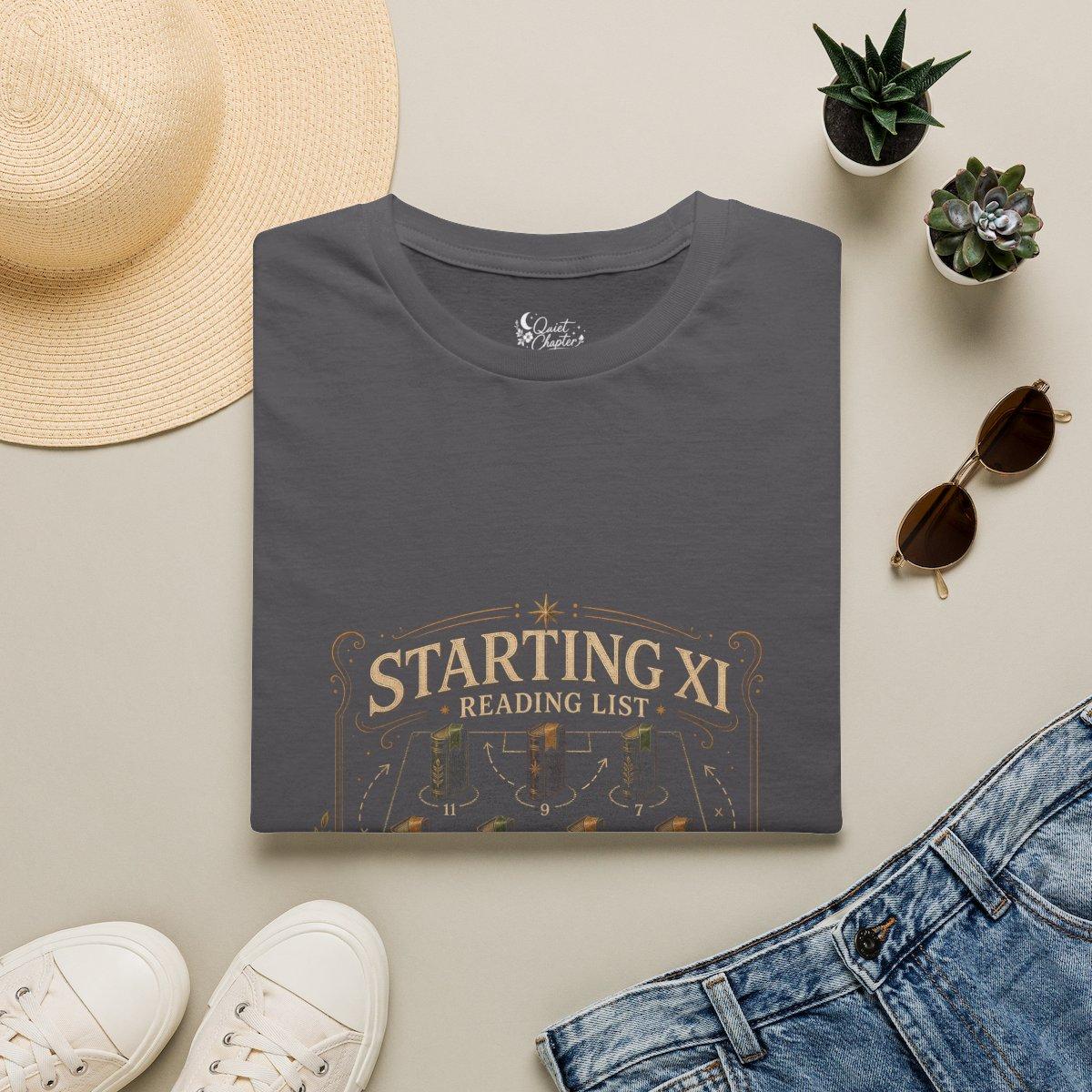Starting XI Reading List Shirt, Book Lover Football T-Shirt, Reader Lineup Tee, Quiet Chapter Apparel - Charcoal