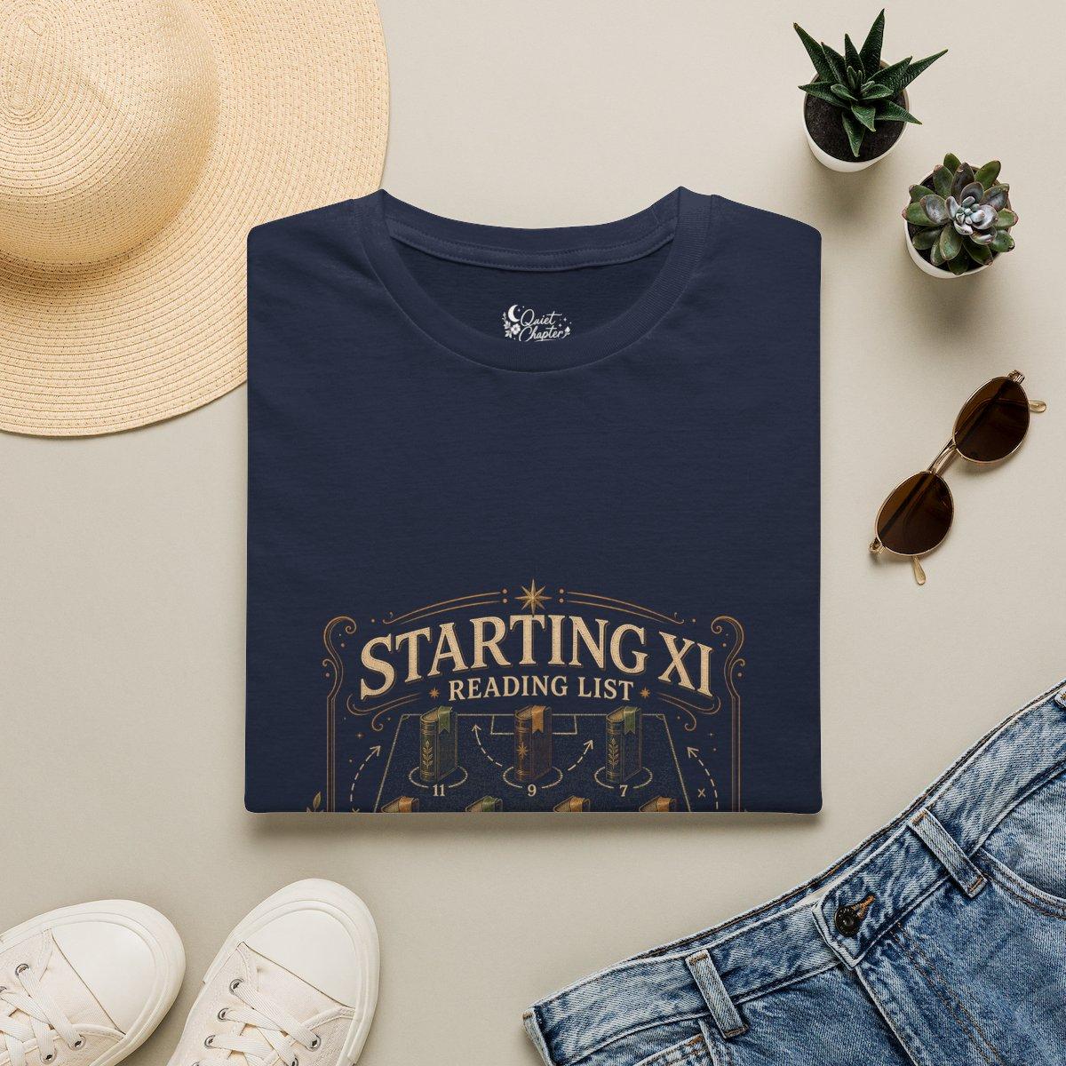 Starting XI Reading List Shirt, Book Lover Football T-Shirt, Reader Lineup Tee, Quiet Chapter Apparel - Navy