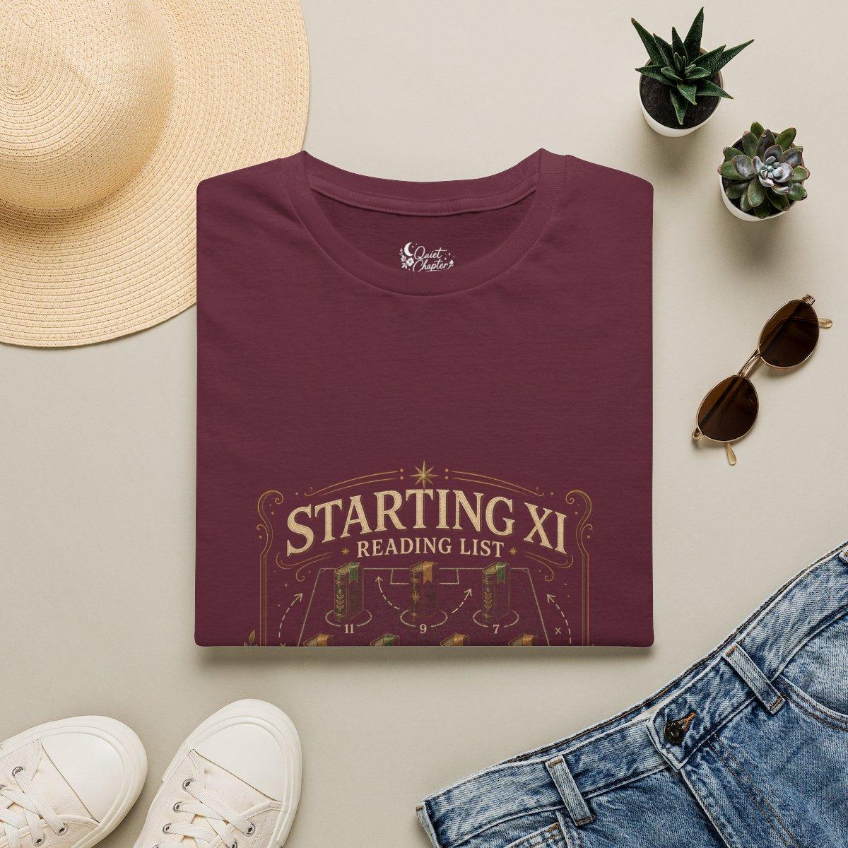 Starting XI Reading List Shirt, Book Lover Football T-Shirt, Reader Lineup Tee, Quiet Chapter Apparel - Maroon