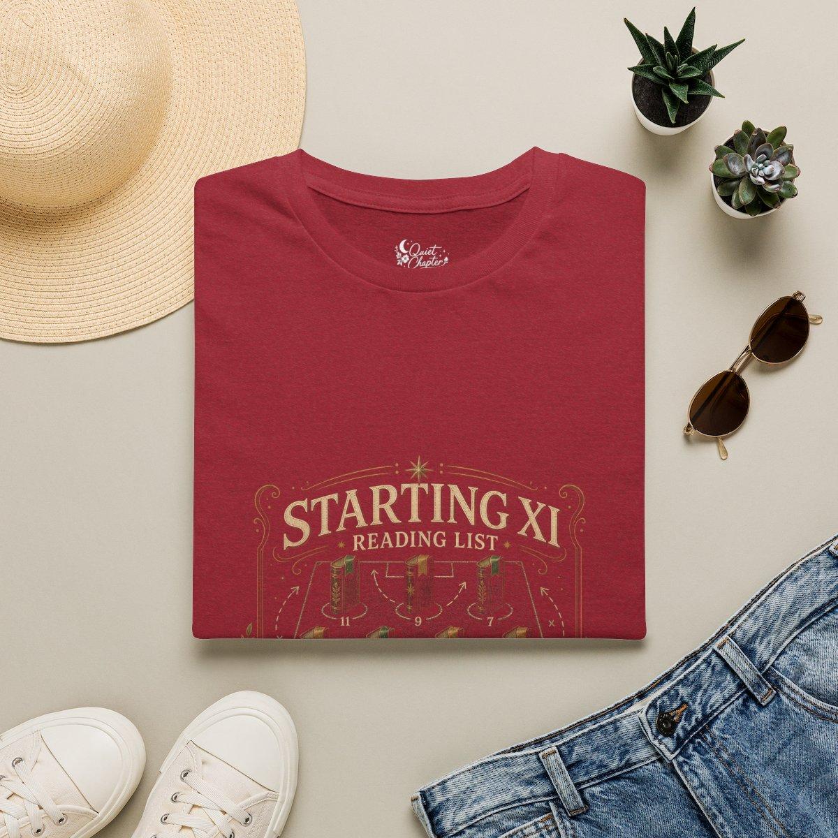 Starting XI Reading List Shirt, Book Lover Football T-Shirt, Reader Lineup Tee, Quiet Chapter Apparel - Antique Cherry Red