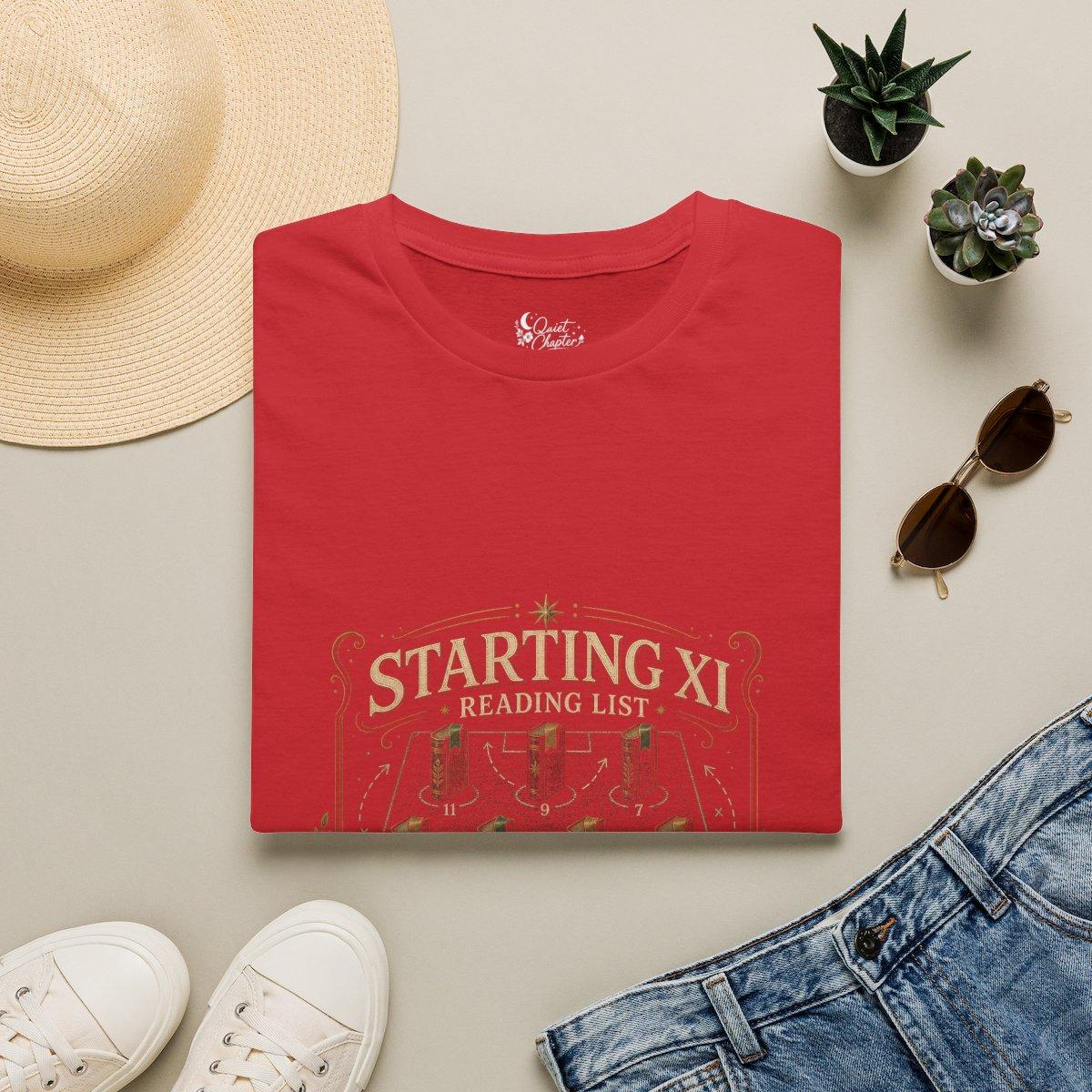 Starting XI Reading List Shirt, Book Lover Football T-Shirt, Reader Lineup Tee, Quiet Chapter Apparel - Red