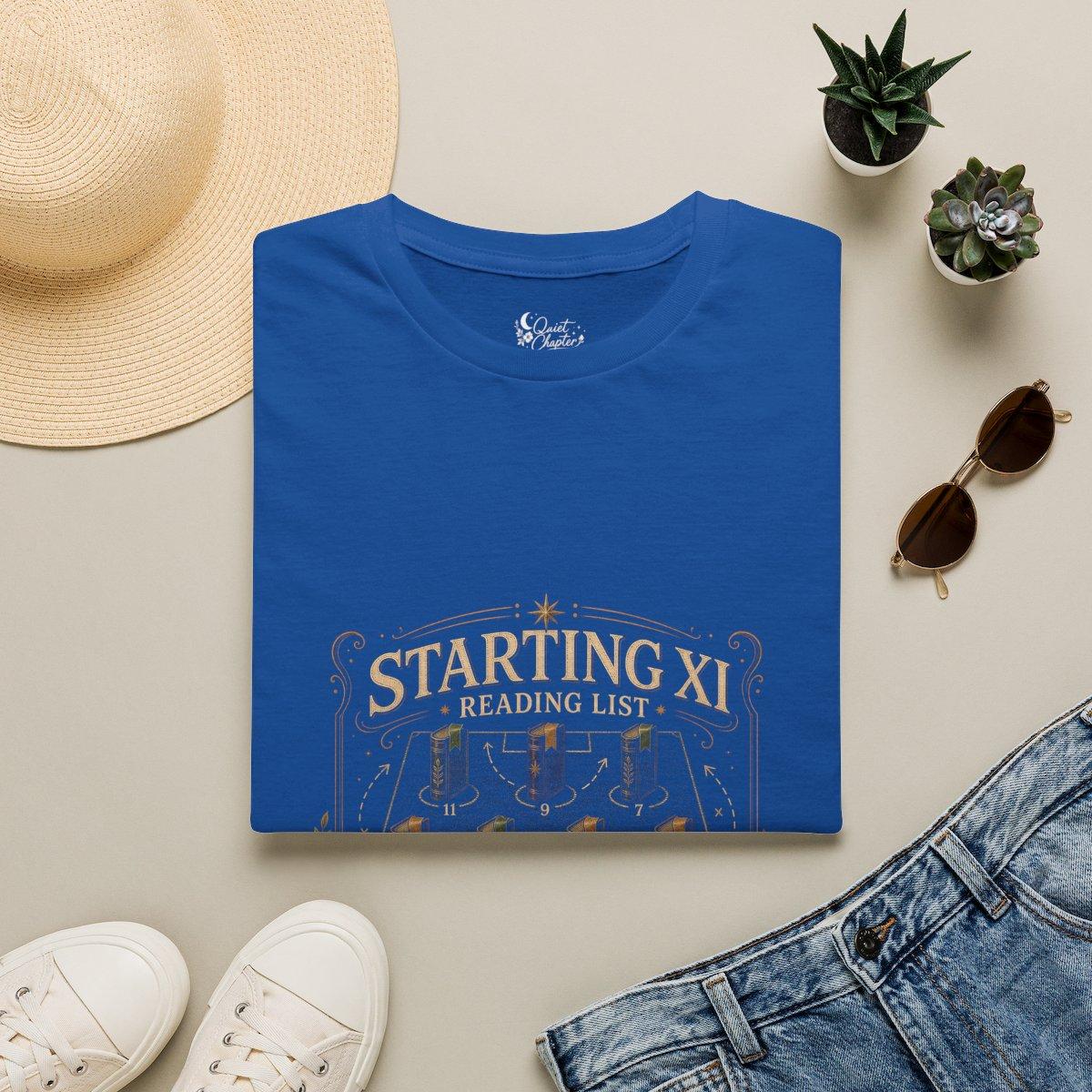 Starting XI Reading List Shirt, Book Lover Football T-Shirt, Reader Lineup Tee, Quiet Chapter Apparel - Royal