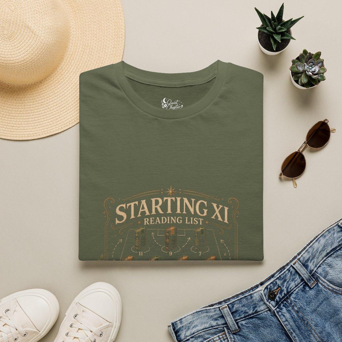 Starting XI Reading List Shirt, Book Lover Football T-Shirt, Reader Lineup Tee, Quiet Chapter Apparel - Military Green