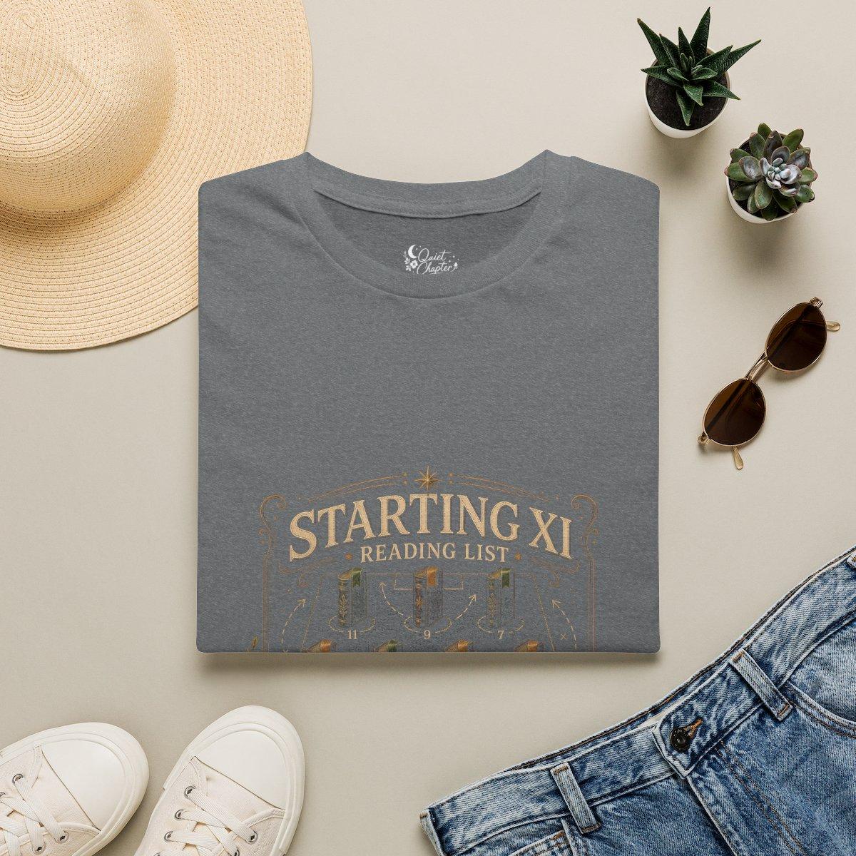 Starting XI Reading List Shirt, Book Lover Football T-Shirt, Reader Lineup Tee, Quiet Chapter Apparel - Graphite Heather