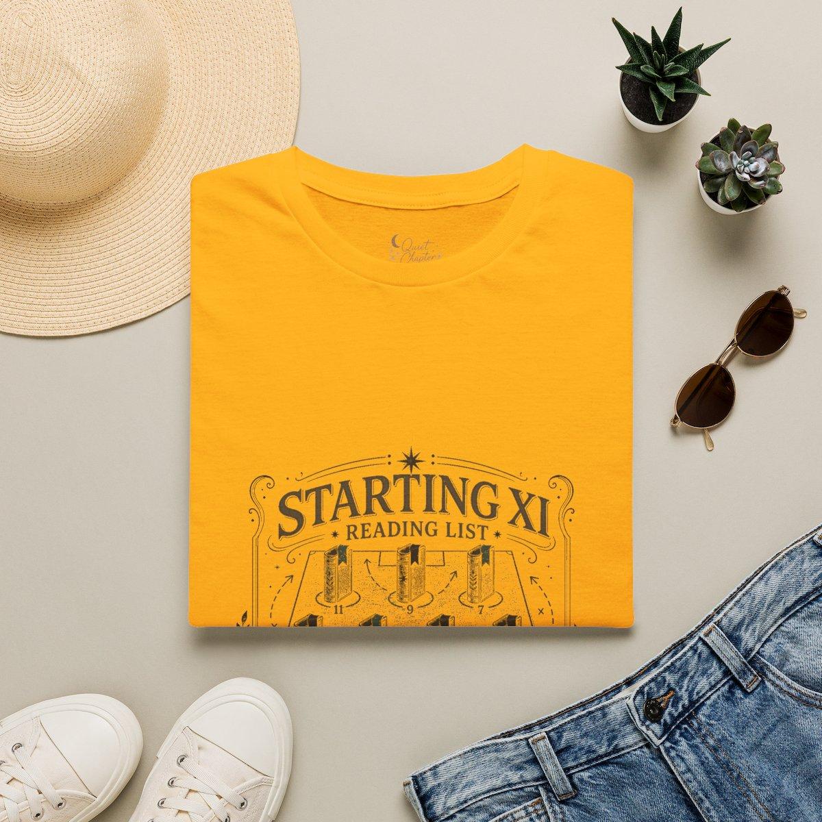 Starting XI Reading List Shirt, Book Lover Football T-Shirt, Reader Lineup Tee, Quiet Chapter Apparel - Gold