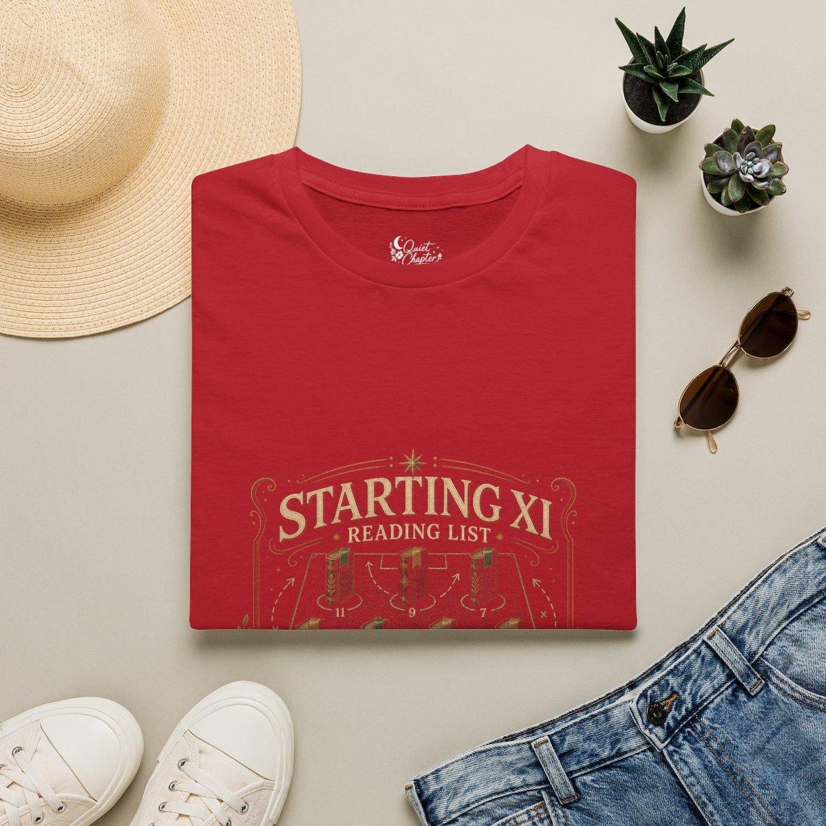 Starting XI Reading List Shirt, Book Lover Football T-Shirt, Reader Lineup Tee, Quiet Chapter Apparel - Cherry Red