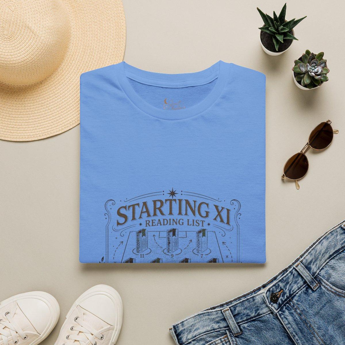 Starting XI Reading List Shirt, Book Lover Football T-Shirt, Reader Lineup Tee, Quiet Chapter Apparel - Carolina Blue