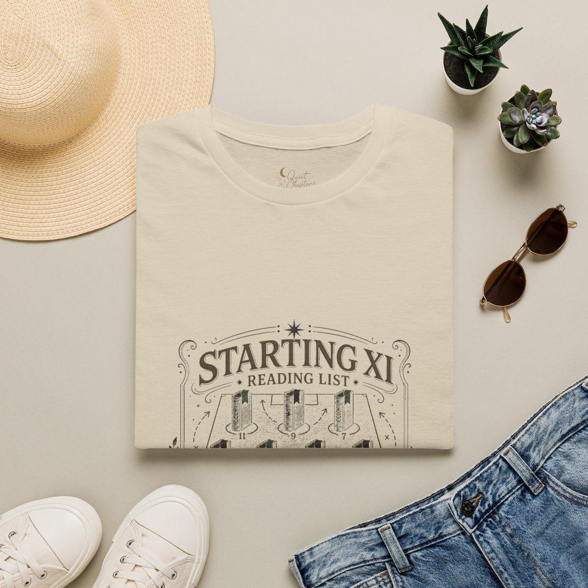 Starting XI Reading List Shirt, Book Lover Football T-Shirt, Reader Lineup Tee, Quiet Chapter Apparel - Sand