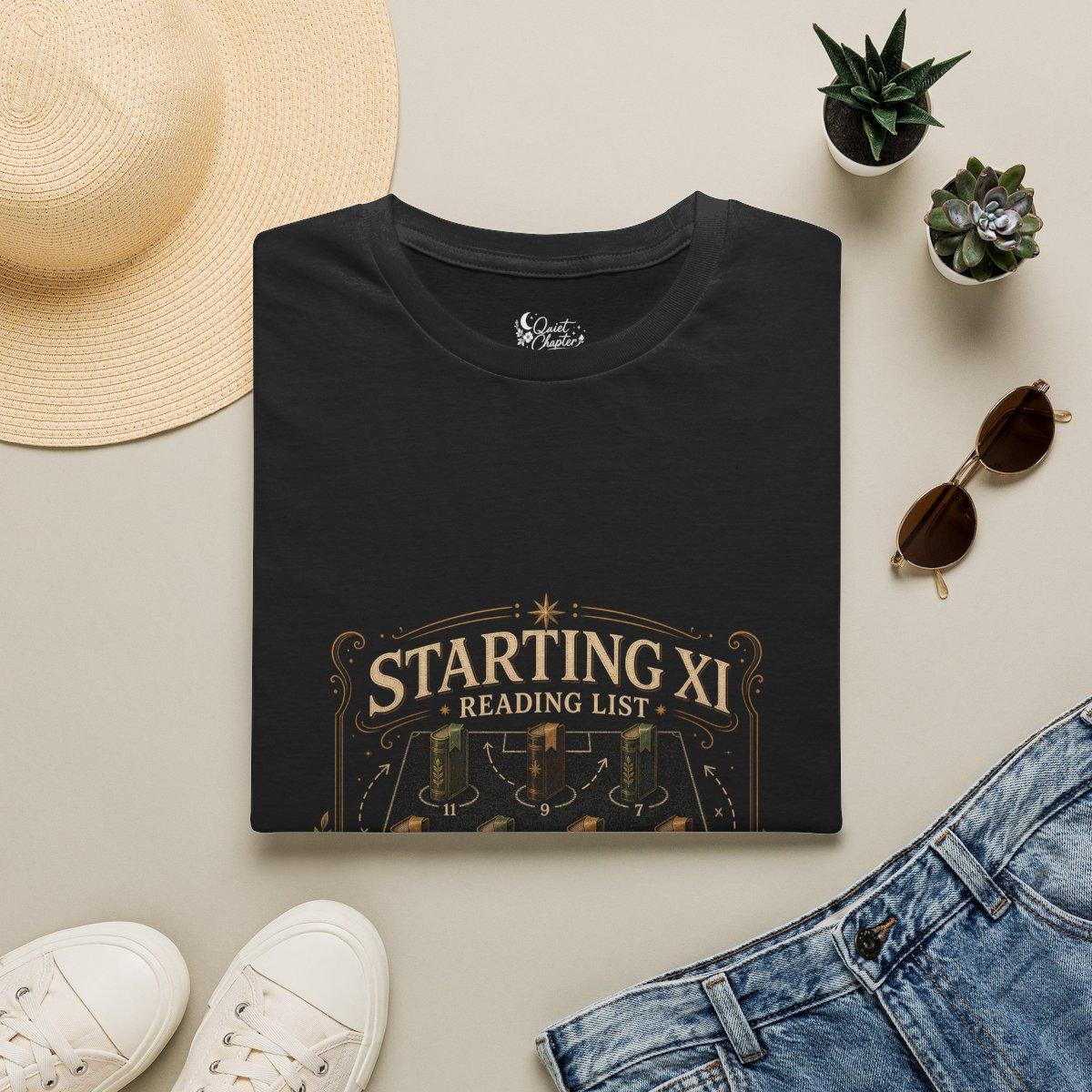 Starting XI Reading List Shirt, Book Lover Football T-Shirt, Reader Lineup Tee, Quiet Chapter Apparel - Black