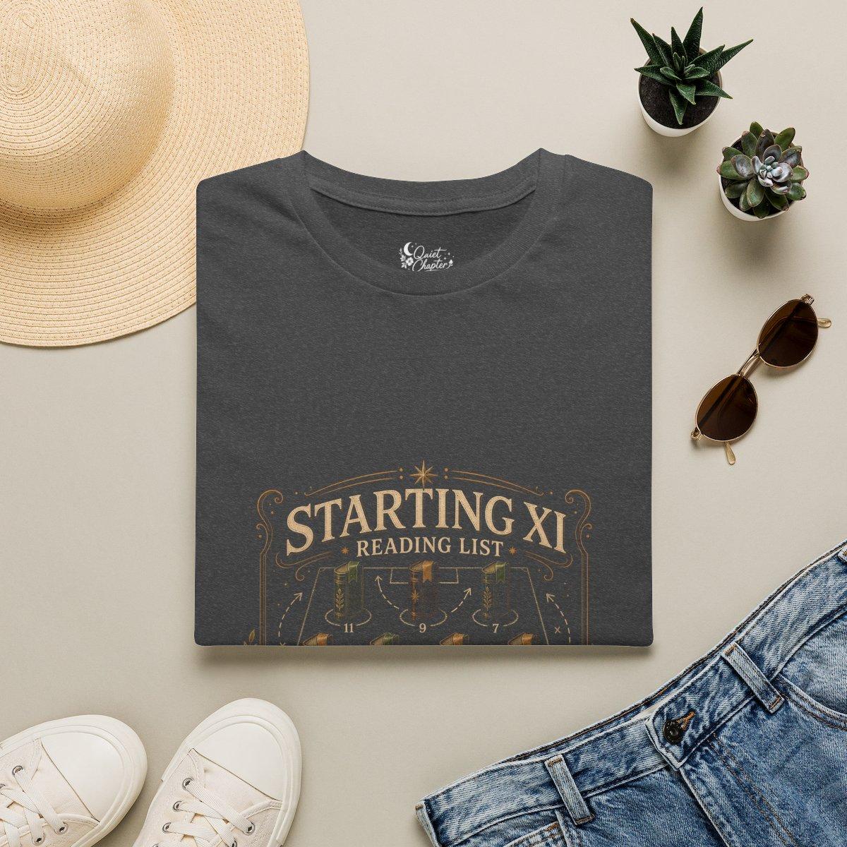 Starting XI Reading List Shirt, Book Lover Football T-Shirt, Reader Lineup Tee, Quiet Chapter Apparel - Dark Heather
