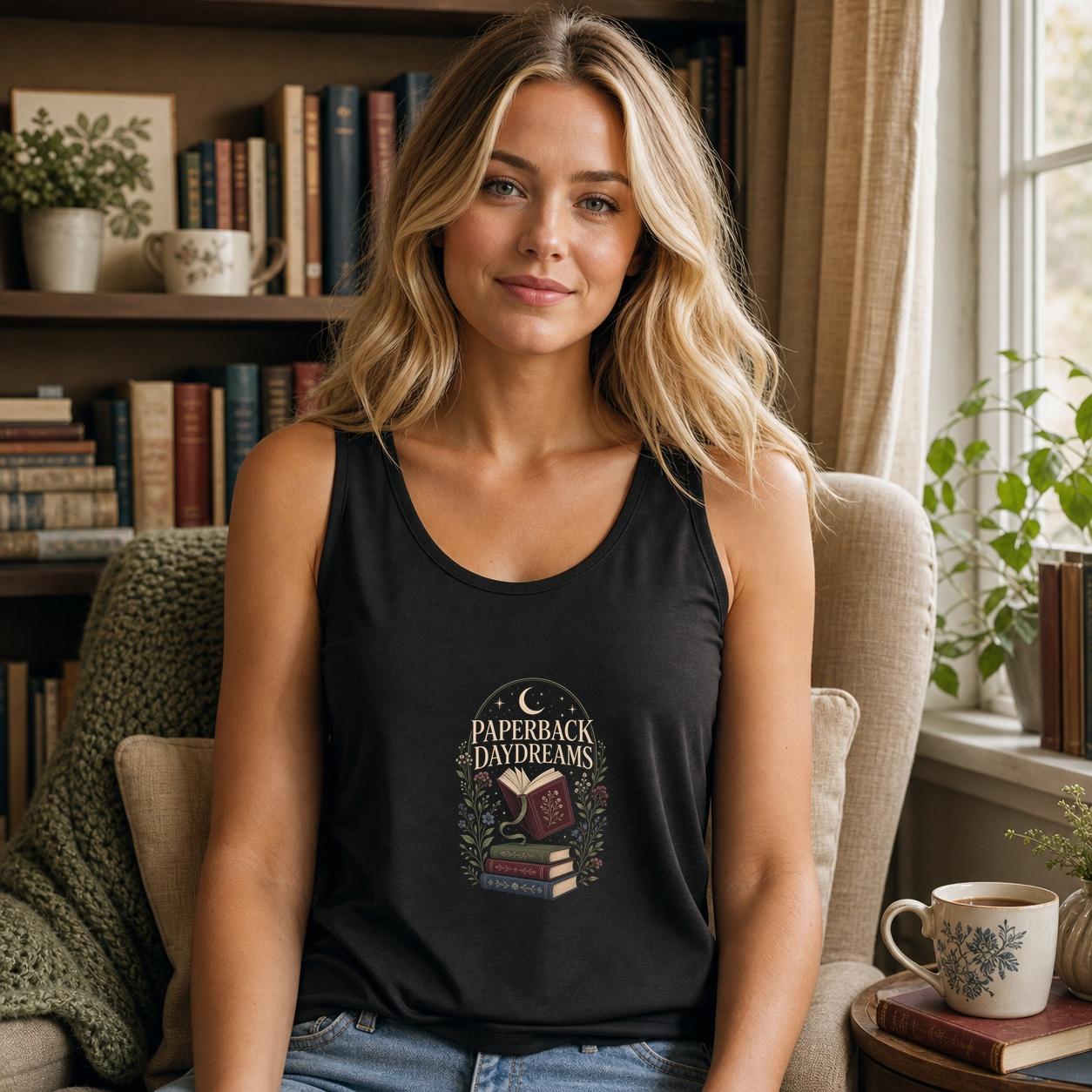 Paperback Daydreams Tank Top, Book Lover Summer Shirt, Cozy Literary Reader Gift, Quiet Chapter Apparel - Black