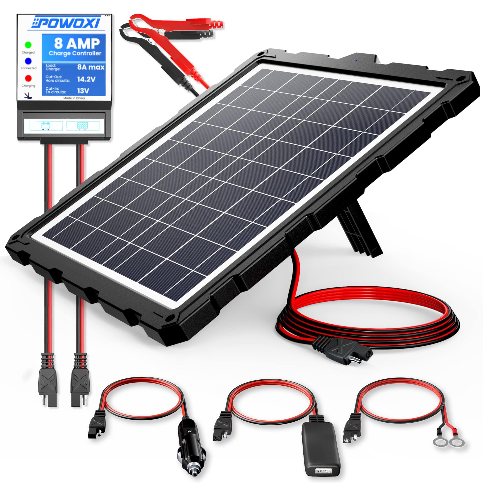 POWOXI-Upgraded-20W-Solar-Battery-Charger-Maintainer, External Smart 3-Stages PWM Charge Controller, 12V Solar Panel Trickle Charging Kit for Car,