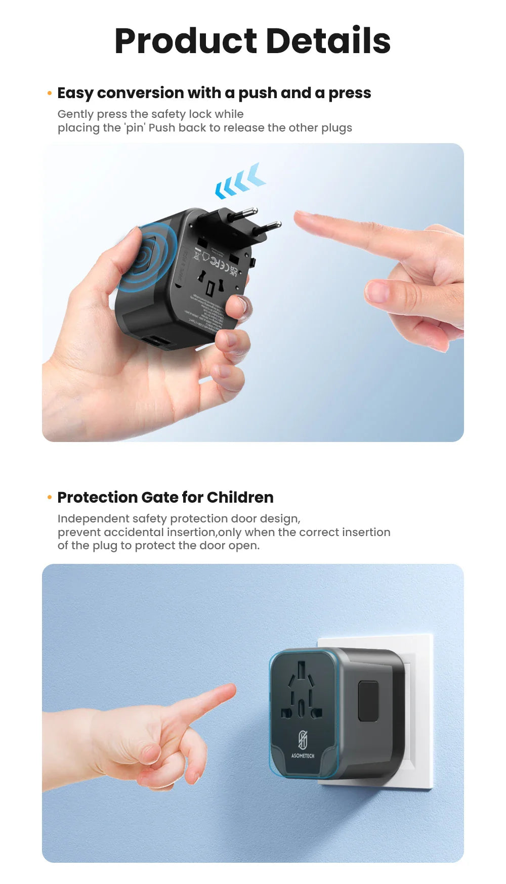 ASOMETECH International Travel Adapter USB Charger 2 USB and 2 Type C Port All-in-one Wall Charger for US EU UK AUS Travel