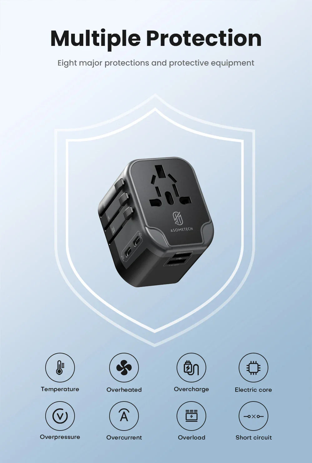 ASOMETECH International Travel Adapter USB Charger 2 USB and 2 Type C Port All-in-one Wall Charger for US EU UK AUS Travel